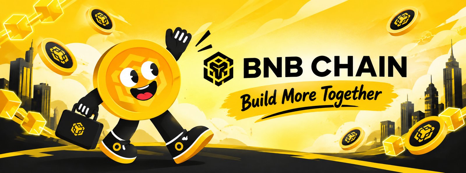 BNB Chain — Build More Together, featuring the Builder mascot