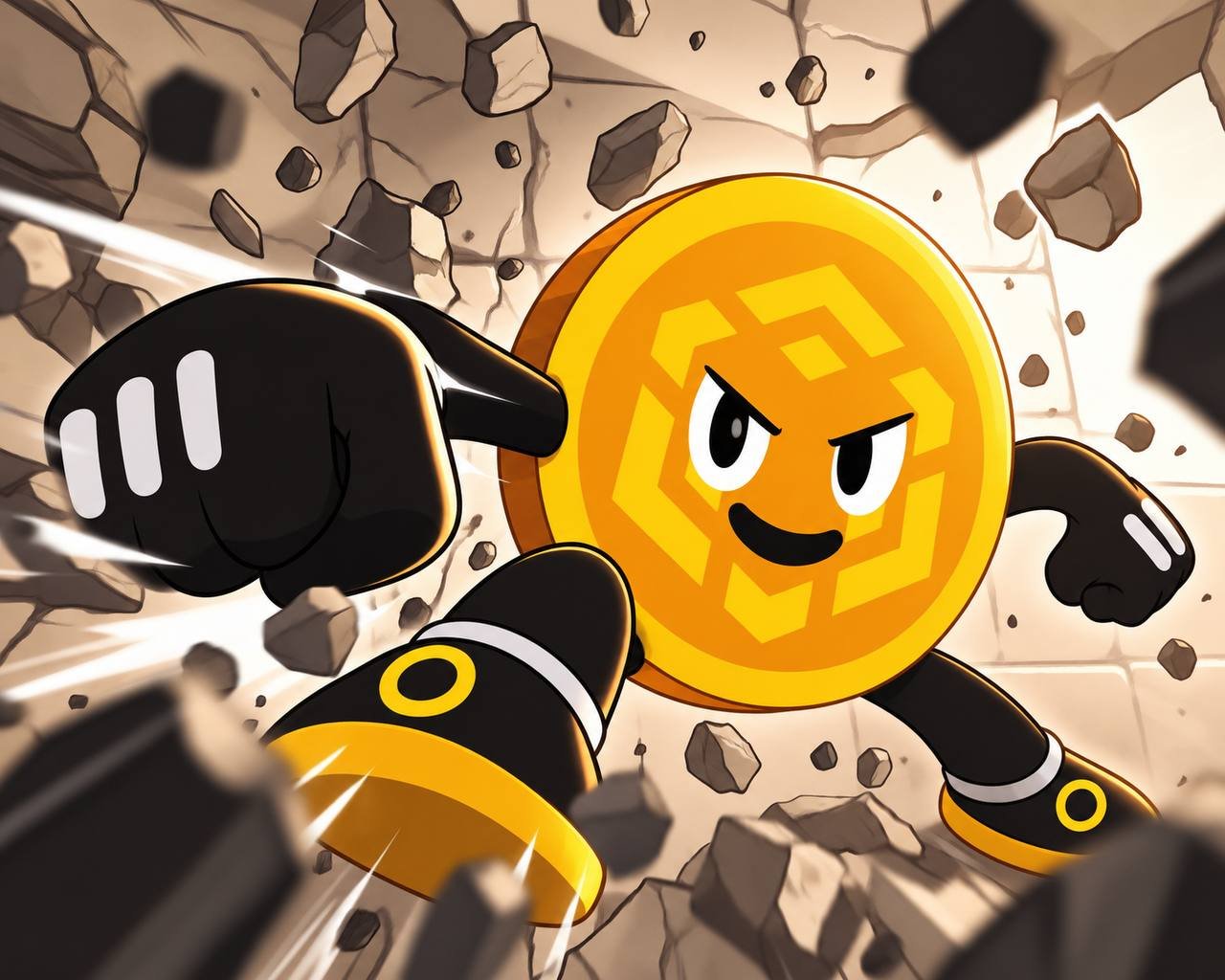 Builder mascot art breaking through a stone wall