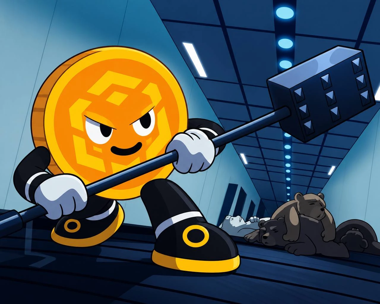 Builder mascot mid-swing with a hammer, ready to build