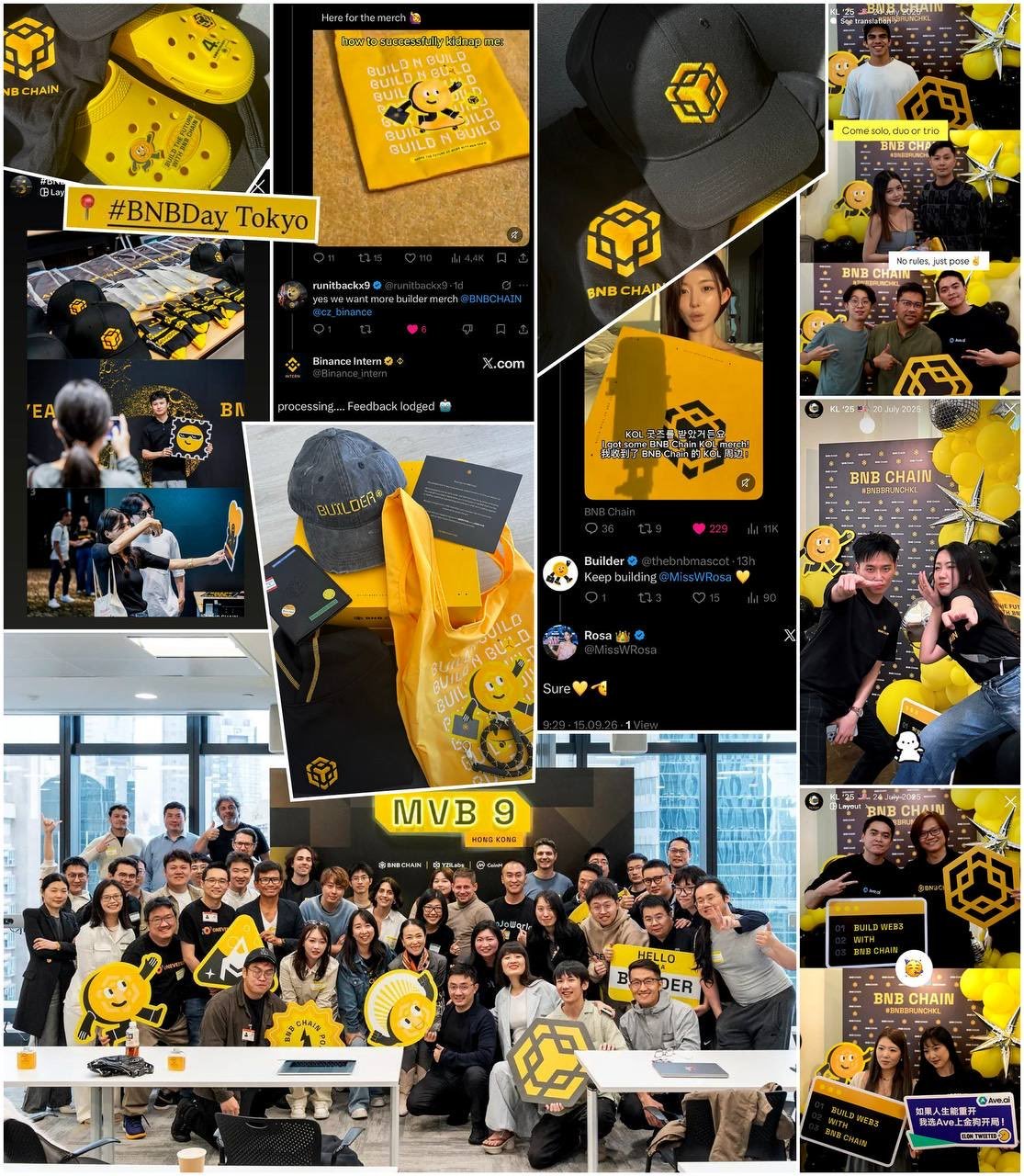 Builder mascot across BNB Chain events: MVB9 Hong Kong, BNB Day Tokyo, BNB Chain KL Brunch, official merch, and a community reply from the mascot's own X account