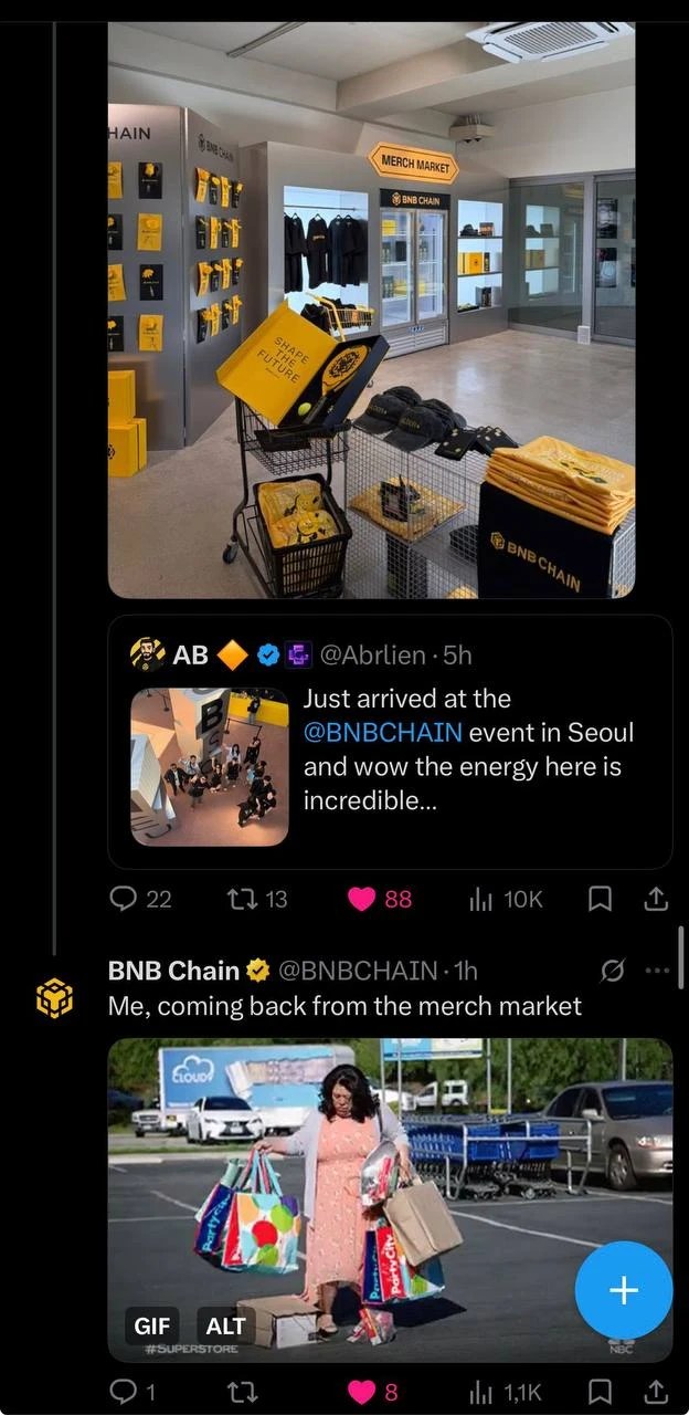 BNB Chain event in Seoul featuring a dedicated Merch Market stocked with Builder-branded gear