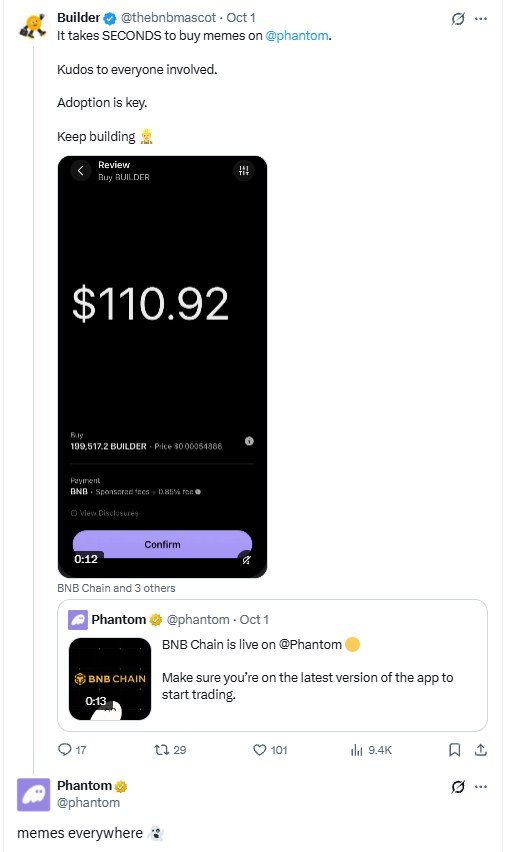 Builder's verified X account posts about buying BUILDER in seconds on Phantom wallet, liked by BNB Chain, with a reply from Phantom's official account