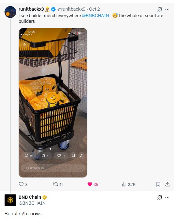 A community member tweets about seeing builder merch everywhere in Seoul, and BNB Chain replies confirming it