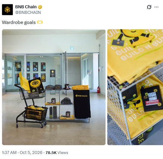 BNB Chain's official X account posts 'Wardrobe goals' with a photo of a merch cart full of Builder-branded gear